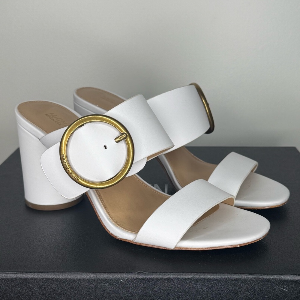 Michael Kors White Leather Slide Sandals Gold Buckle Block Heel